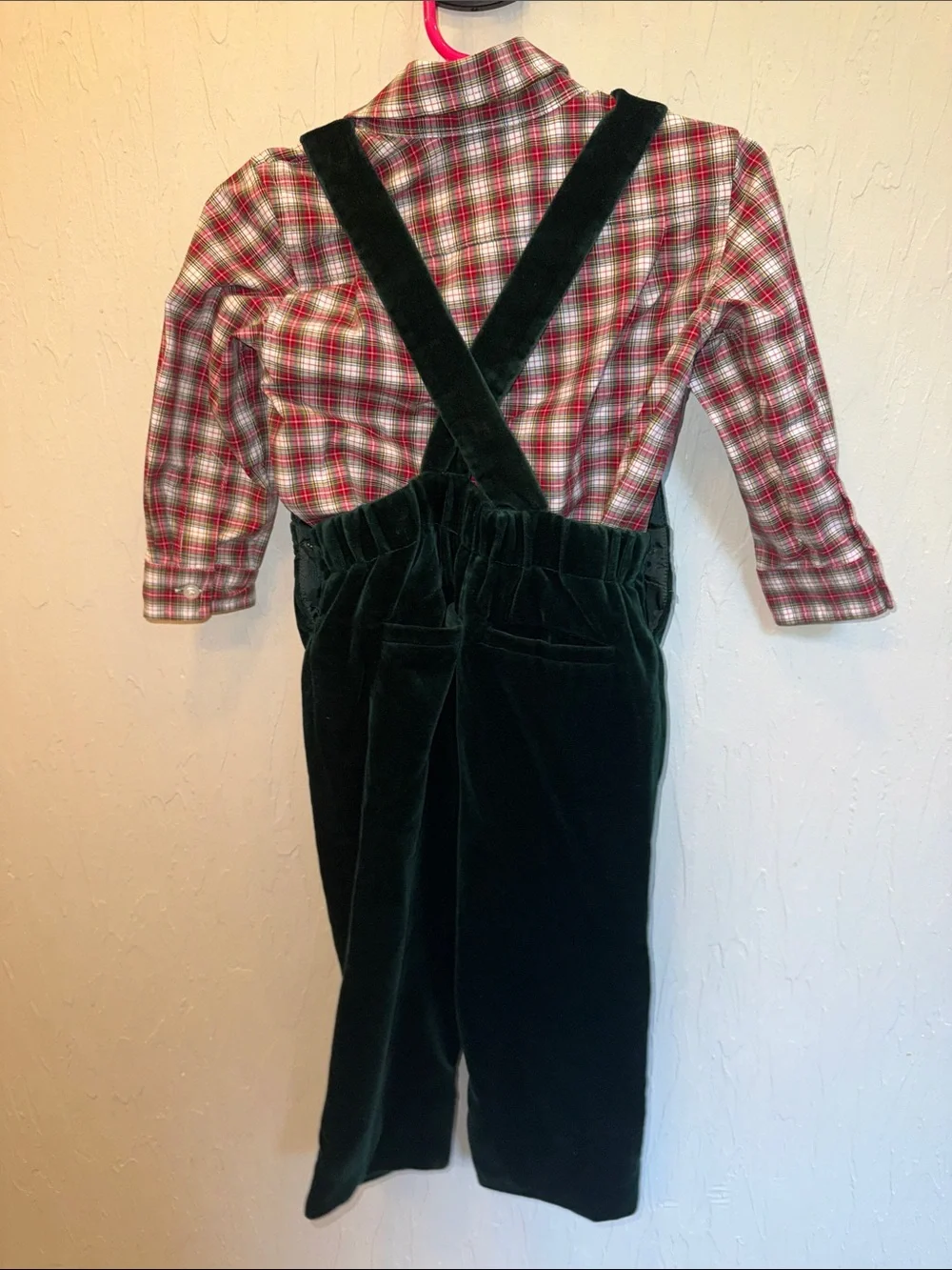 Ralph LaurenGreen Velvet Overalls and Plaid Shirt, 12 month (retail $175)